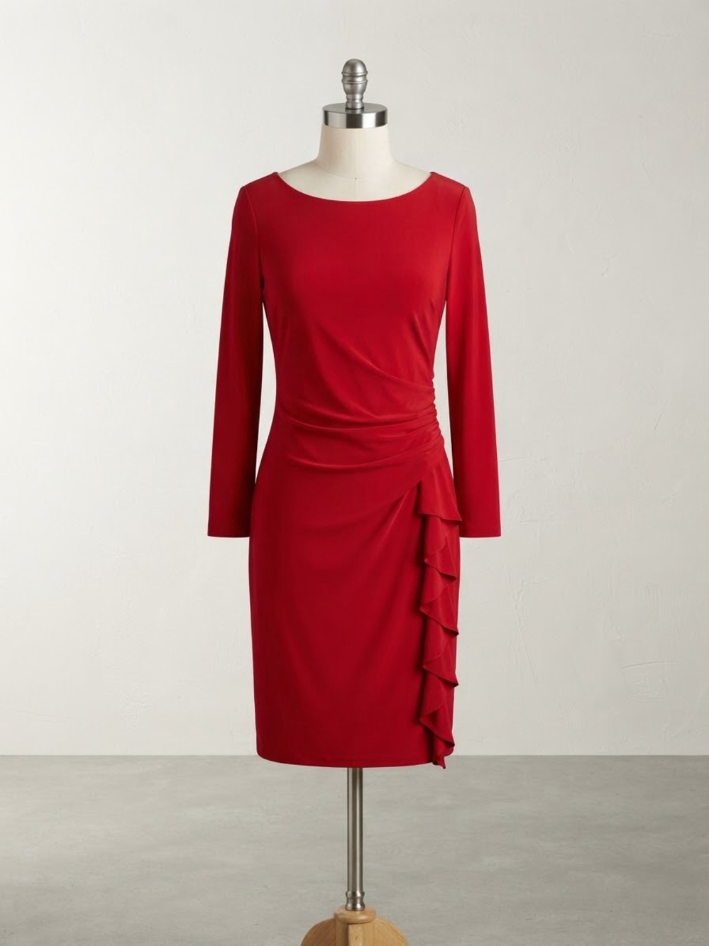 Lauren Ralph Lauren Red Long-Sleeve Ruffle Sheath Dress
